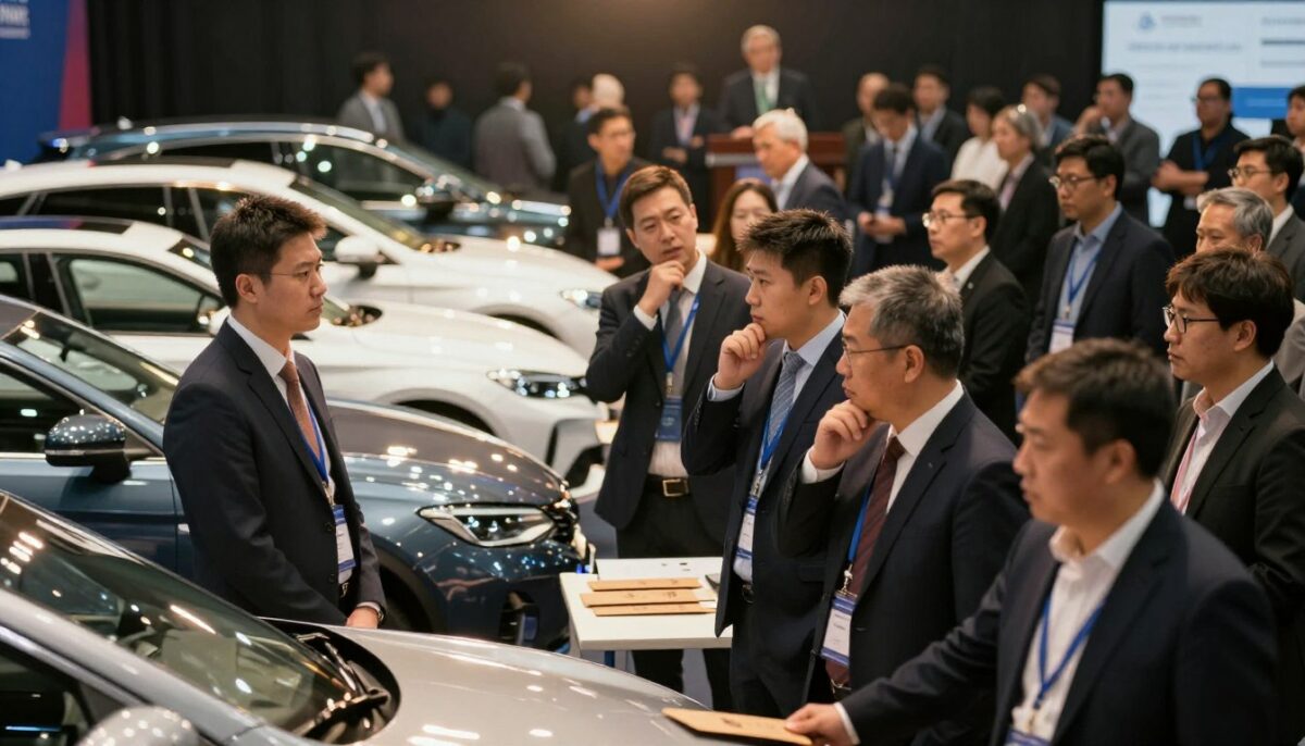 A busy car auction scene set indoors, showcasing bidders actively participating in a lively auction. In the foreground, a diverse group of bidders in professional business attire examines various cars, with expressions of anticipation and concern. The middle ground features a row of gleaming vehicles under bright spotlights, highlighting different makes and models, while cardboard bid paddles rest on a table nearby. In the background, an auctioneer stands behind a podium, engaged with the audience, creating an atmosphere of excitement and tension. The lighting is warm and inviting, with a lens focus that showcases both the eager bidders and the stunning cars, conveying an important sense of urgency around hidden costs and fees. A busy car auction scene set indoors, showcasing bidders actively participating in a lively auction. In the foreground, a diverse group of bidders in professional business attire examines various cars, with expressions of anticipation and concern. The middle ground features a row of gleaming vehicles under bright spotlights, highlighting different makes and models, while cardboard bid paddles rest on a table nearby. In the background, an auctioneer stands behind a podium, engaged with the audience, creating an atmosphere of excitement and tension. The lighting is warm and inviting, with a lens focus that showcases both the eager bidders and the stunning cars, conveying an important sense of urgency around hidden costs and fees.