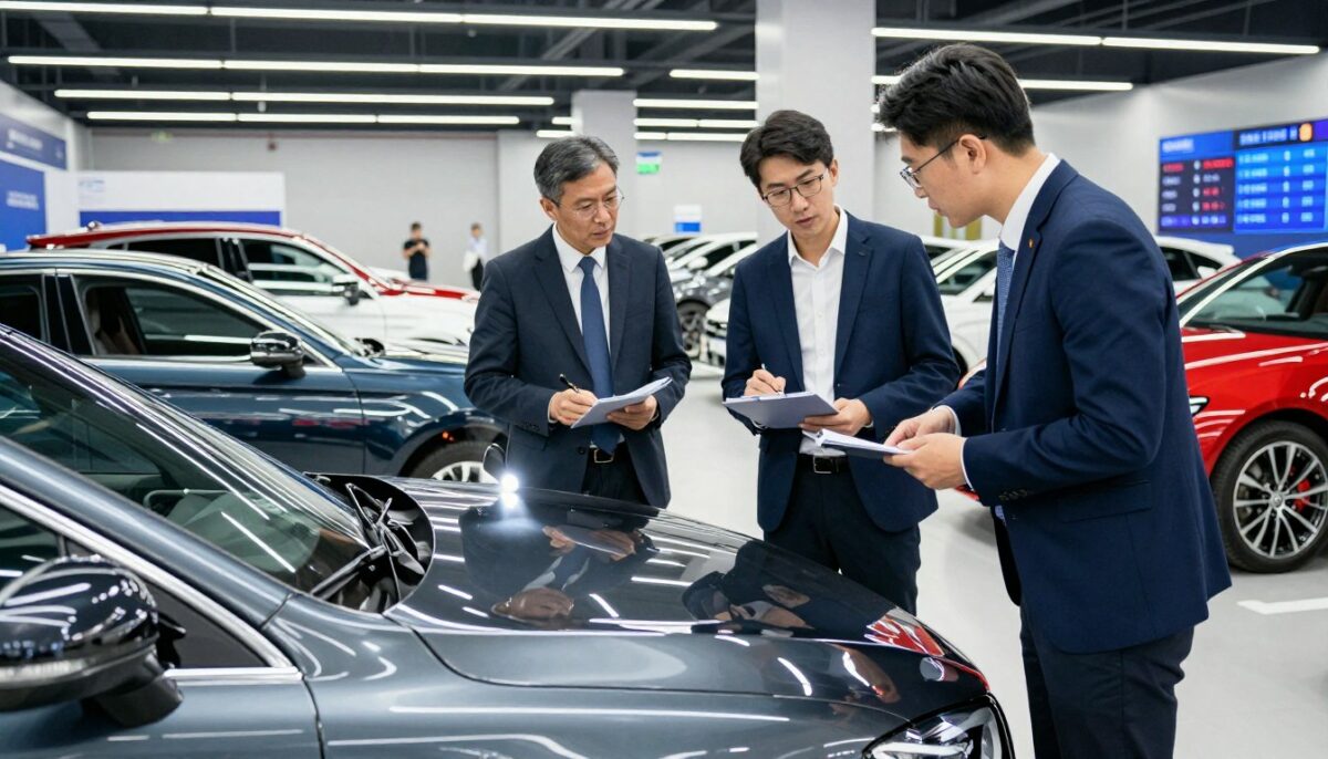 A car auction inspection scene in a well-lit indoor auction house, featuring a diverse group of three individuals clad in professional business attire, carefully examining a sleek, shiny sedan. In the foreground, one person is inspecting the car's paint and bodywork with a flashlight, while another holds a checklist, jotting down notes. The third individual is discussing potential bids with a friend, gesturing towards the vehicle. The middle ground showcases rows of various cars under bright fluorescent lights, reflecting a sense of anticipation and excitement. In the background, auction banners and a digital display showing live bidding contribute to the atmosphere of tension and urgency. The image has a realistic style with a focus on vibrant colors and sharp details, highlighting the importance of thorough vehicle inspection during car auctions. A car auction inspection scene in a well-lit indoor auction house, featuring a diverse group of three individuals clad in professional business attire, carefully examining a sleek, shiny sedan. In the foreground, one person is inspecting the car's paint and bodywork with a flashlight, while another holds a checklist, jotting down notes. The third individual is discussing potential bids with a friend, gesturing towards the vehicle. The middle ground showcases rows of various cars under bright fluorescent lights, reflecting a sense of anticipation and excitement. In the background, auction banners and a digital display showing live bidding contribute to the atmosphere of tension and urgency. The image has a realistic style with a focus on vibrant colors and sharp details, highlighting the importance of thorough vehicle inspection during car auctions.