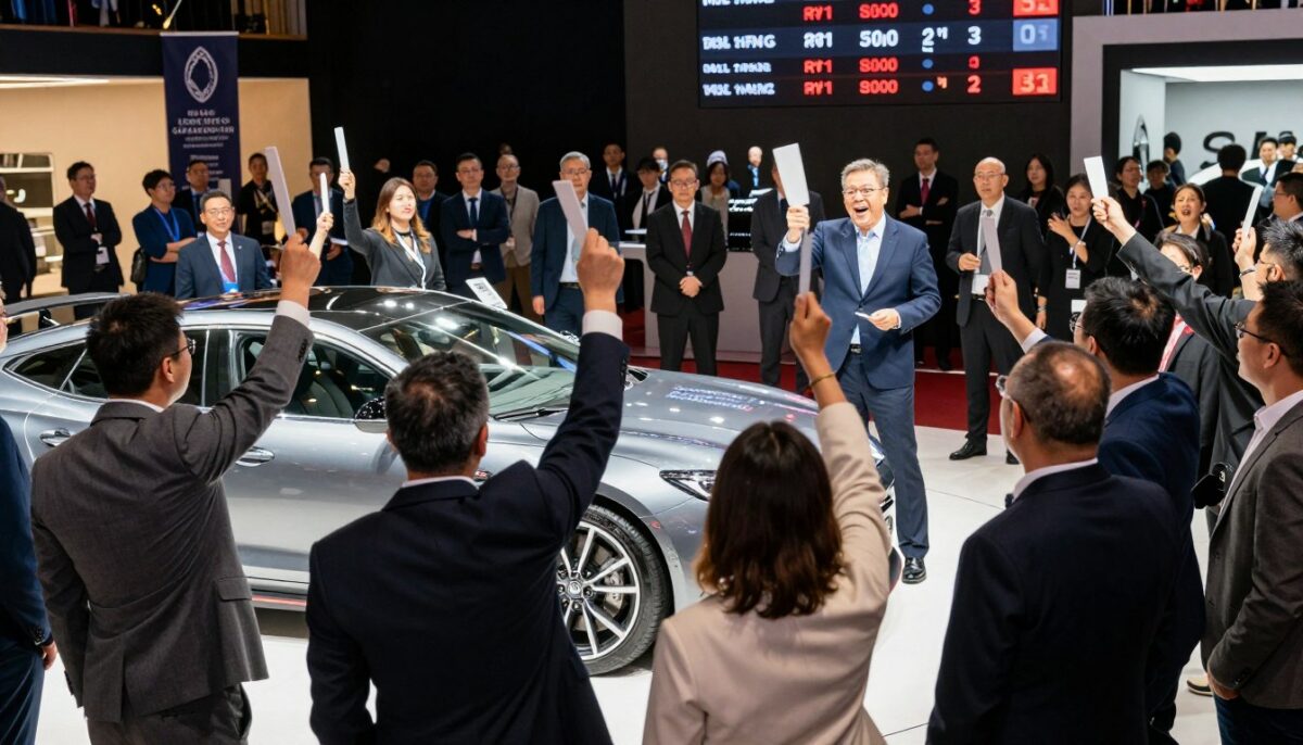 A dynamic car auction scene showcasing a lively bidding atmosphere. In the foreground, a diverse group of bidders, both men and women, are dressed in professional business attire and are passionately raising their paddles. Their expressions convey excitement and concentration. In the middle, a sleek car is prominently displayed on an auction stage with spotlights highlighting its features. The auctioneer, a middle-aged man in a suit, enthusiastically calls for bids, with a digital board showing escalating bid prices behind him. The background features a bustling crowd of interested spectators, and banners announcing the auction event. The lighting is bright and dramatic, capturing the intensity of the moment, while suggesting a warm, upscale environment. A dynamic car auction scene showcasing a lively bidding atmosphere. In the foreground, a diverse group of bidders, both men and women, are dressed in professional business attire and are passionately raising their paddles. Their expressions convey excitement and concentration. In the middle, a sleek car is prominently displayed on an auction stage with spotlights highlighting its features. The auctioneer, a middle-aged man in a suit, enthusiastically calls for bids, with a digital board showing escalating bid prices behind him. The background features a bustling crowd of interested spectators, and banners announcing the auction event. The lighting is bright and dramatic, capturing the intensity of the moment, while suggesting a warm, upscale environment.