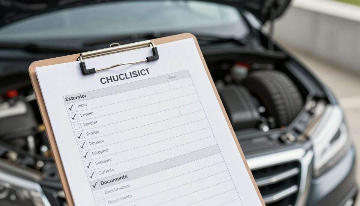 A well-organized vehicle inspection checklist laid out on a clipboard, prominently displayed in the foreground. The checklist features sections for exterior, interior, engine, tires, and documents, with tick boxes. The background shows a blurred view of a car, highlighting its exterior features like shine and condition. Soft, natural lighting illuminates the scene, creating a clean and professional ambiance. The image is taken from a slightly angled overhead perspective, emphasizing the checklist while also giving context to the vehicle being inspected. The mood is focused and serious, conveying the importance of thorough inspection before bidding at an auction. Use a realistic style to enhance clarity and detail without any text or distractions. A well-organized vehicle inspection checklist laid out on a clipboard, prominently displayed in the foreground. The checklist features sections for exterior, interior, engine, tires, and documents, with tick boxes. The background shows a blurred view of a car, highlighting its exterior features like shine and condition. Soft, natural lighting illuminates the scene, creating a clean and professional ambiance. The image is taken from a slightly angled overhead perspective, emphasizing the checklist while also giving context to the vehicle being inspected. The mood is focused and serious, conveying the importance of thorough inspection before bidding at an auction. Use a realistic style to enhance clarity and detail without any text or distractions.
